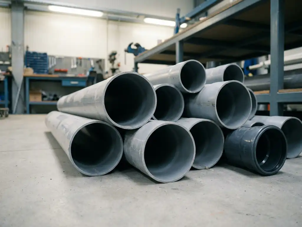 Mehrere 110-mm-PVC-Rohre in verschiedenen Längen mit Rohrverbinder auf Werkstattboden, Querschnitte mit glatten Innenwänden sichtbar.