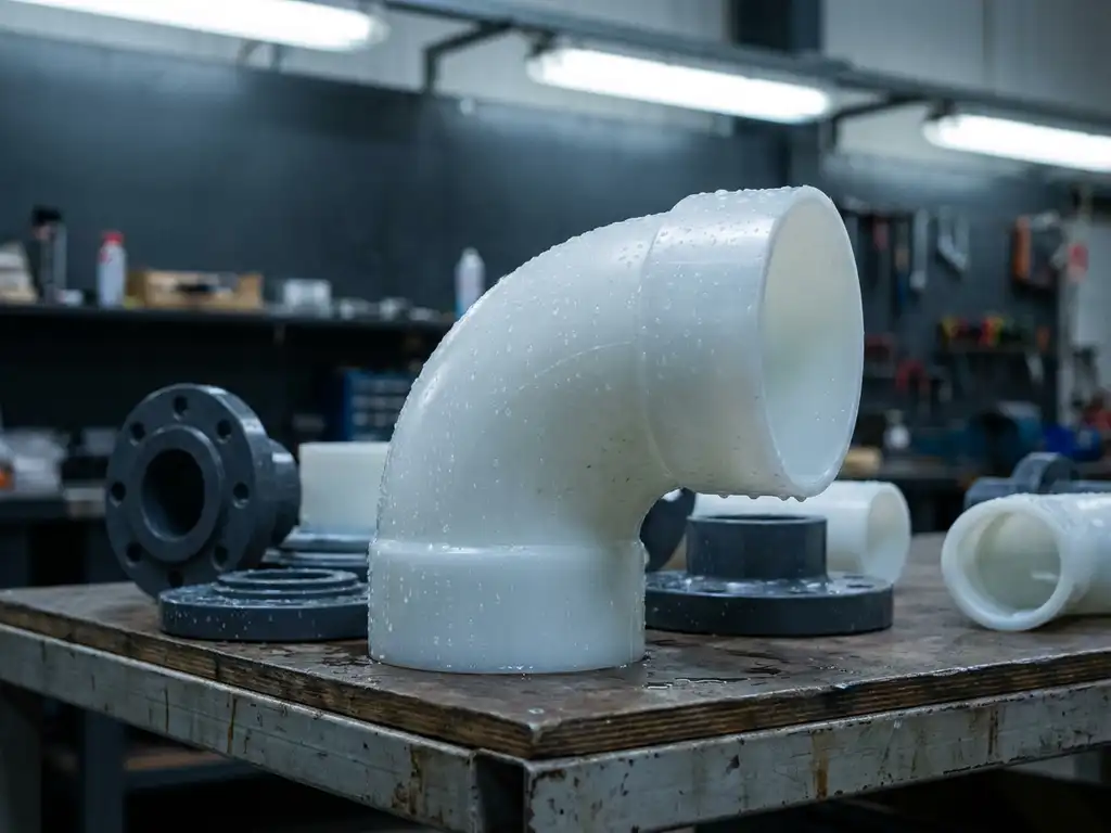 Großes PVDF-Rohrfitting in Milchweiß auf Werkstattbank, umgeben von chemikalienbeständigen Flanschen, Wassertropfen auf glatter Oberfläche.