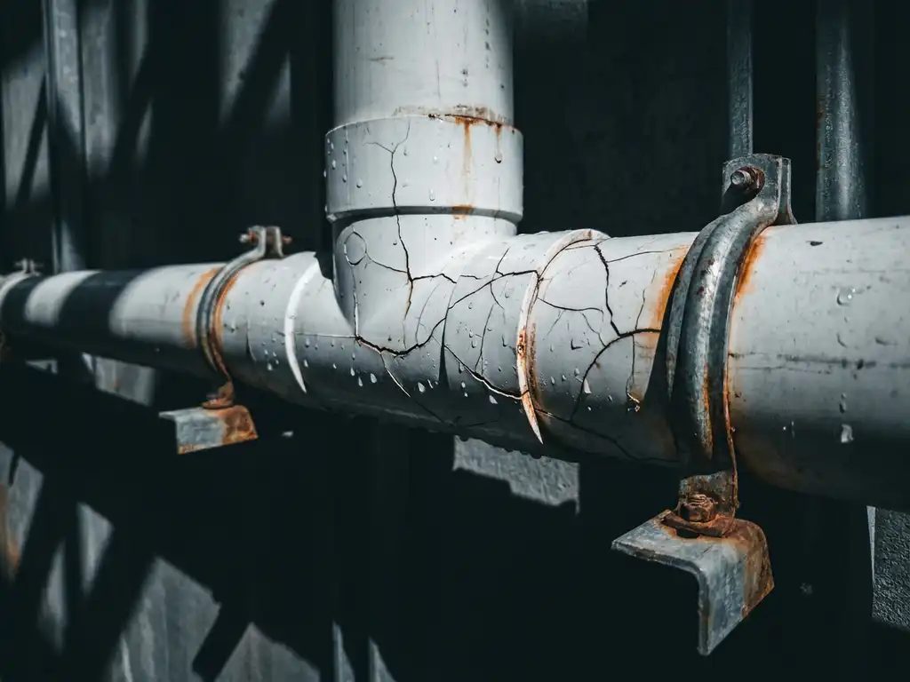 Gerissenes weißes PVC-Industrierohr mit Spannungsrissen und Wassertropfen, montiert in Fabrikanlage mit Metallhalterungen.