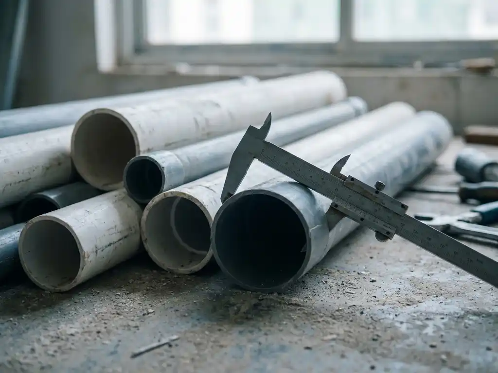 Metallmessschieber auf weißem PVC-Rohr, mehrere Kunststoffrohre verschiedener Durchmesser auf Betonboden in Industriewerkstatt.