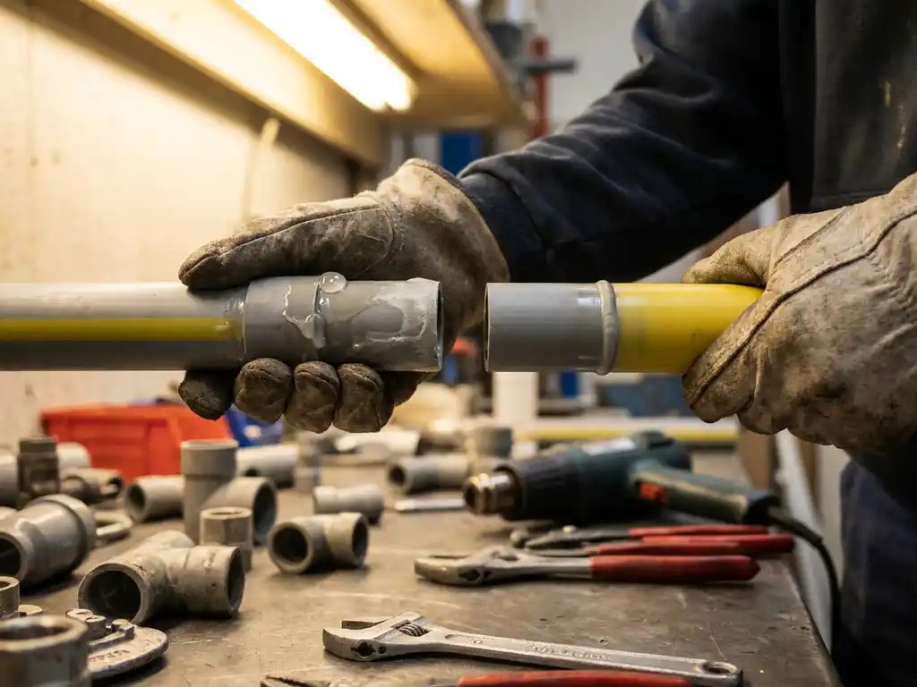 Behandschuhte Hände vergleichen zwei Kunststoffrohre: eines mit Lösungsmittelkleber, eines mit Schweißnaht, über einer Werkbank mit Rohrfittings.
