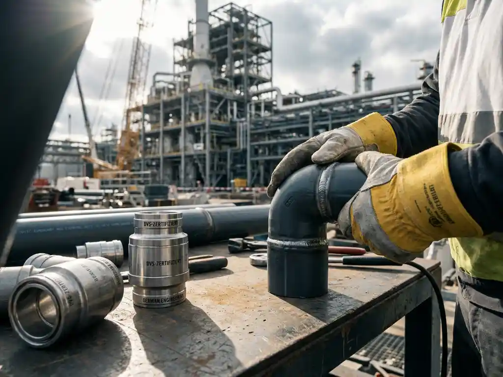 Präzisionsgeschweißte Thermoplast-Rohrverbindung wird von behandschuhten Händen auf einer Industriebaustelle geprüft, DVS-zertifizierte Fittings auf Stahloberfläche.