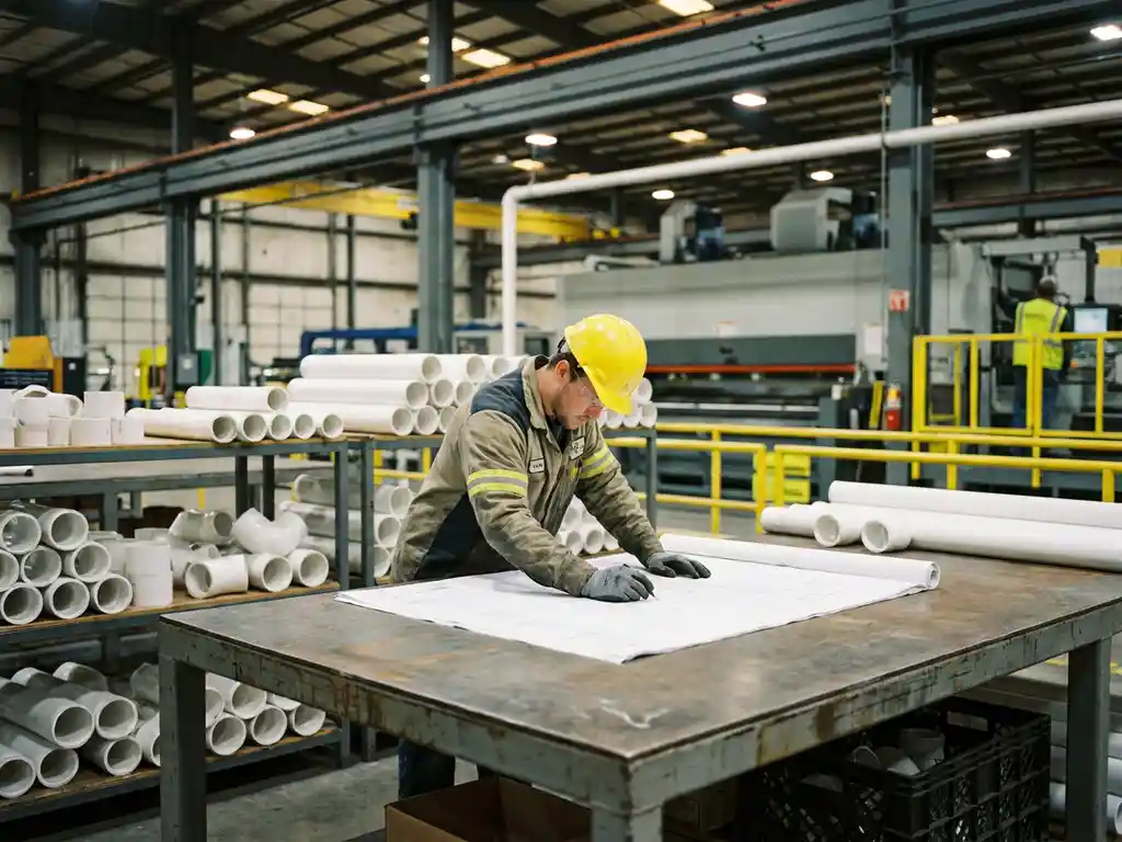 Techniker mit Schutzhelm prüft technische Blaupause auf Stahltisch, umgeben von weißen Kunststoffrohren in Industriehalle.
