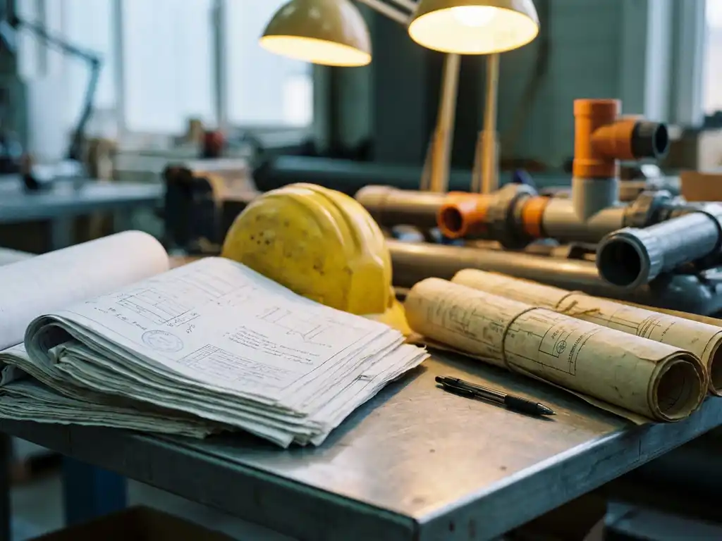 Technische Zeichnungen und Dokumente auf Werkstahltisch, gelber Schutzhelm und Kugelschreiber daneben, Rohrleitungsanlage im Hintergrund.