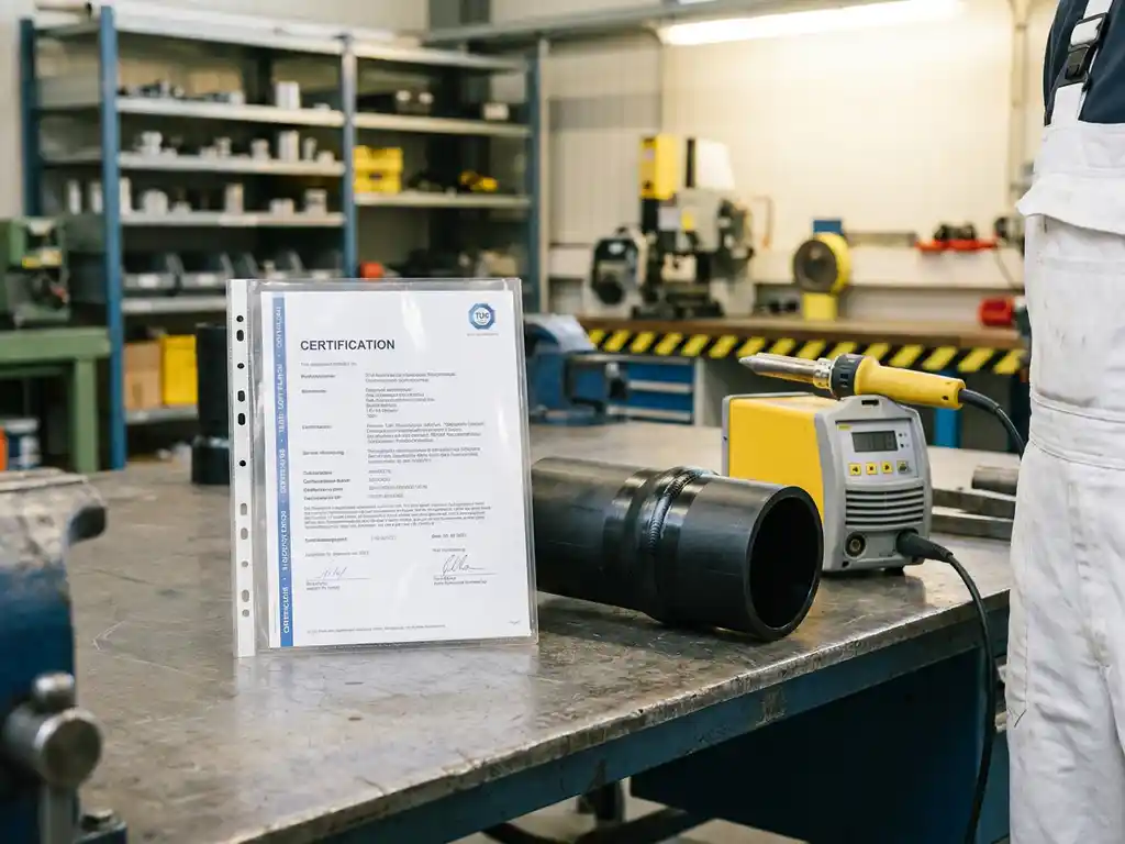 TÜV-Zertifikat in Klarsichthülle auf Schweißtisch neben frisch verschweißter Thermoplastverbindung und kalibriertem Schweißgerät.