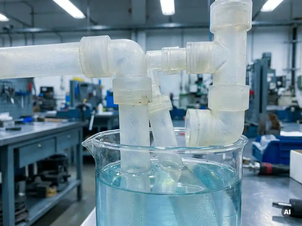 Transparentes Kunststoffrohrsystem mit Verbindungsstücken, teilweise in klare Ätzlauge getaucht, industrieller Werkstatthintergrund.