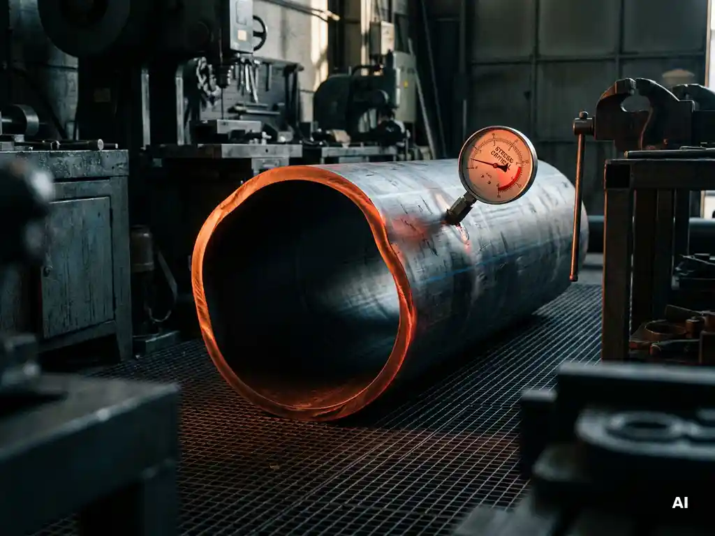 Kunststoffrohr-Querschnitt unter Hitzeeinwirkung mit orangerotem Glühen und montiertem Druckmessgerät in industrieller Werkstatt.