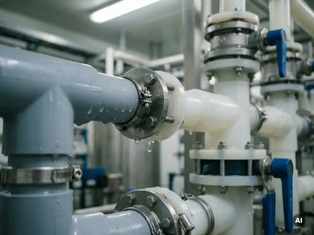 PVDF-Kunststoffrohre mit Wassertropfen an Rohrverbindungen in einer chemischen Anlage, Edelstahlschellen und Ventile im Hintergrund.