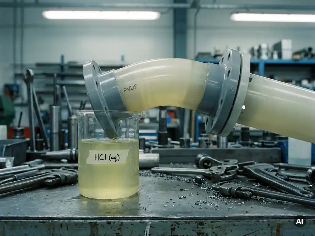 PVDF-Rohr mit Flanschen und Armaturen, in Salzsäurelösung eingetauchtes Ende in Glasbecherglas, industrielle Werkstattumgebung.