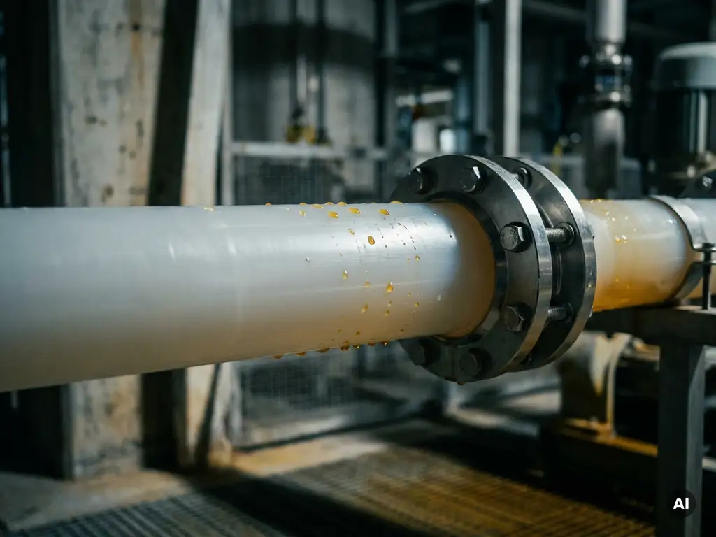 PVDF-Kunststoffrohr mit Schwefelsäuretropfen auf glatter Oberfläche, verbunden durch Edelstahlfittings in einer Industrieanlage.