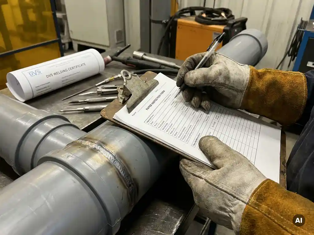 Techniker in Schutzhandschuhen füllt Schweißprüfprotokoll auf Klemmbrett aus, gestützt auf frisch geschweißtes Kunststoffrohrstück in Industriehalle.
